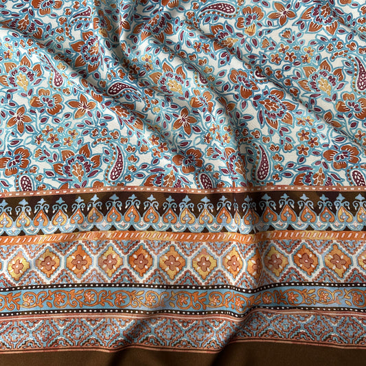 Border Print Viscose Fabric in Brown, Blue and Orange