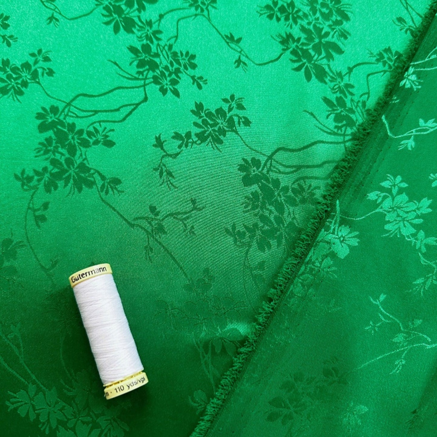 Catrin Floral Jacquard Satin Fabric in Emerald
