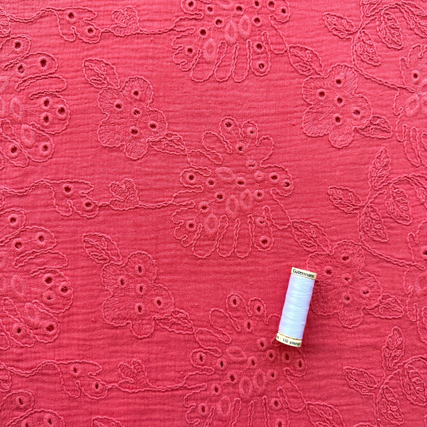 Coralie Embroidered Cotton Double Gauze Fabric in Coral