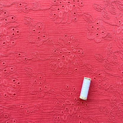 Coralie Embroidered Cotton Double Gauze Fabric in Coral