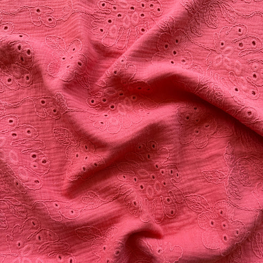 Coralie Embroidered Cotton Double Gauze Fabric in Coral