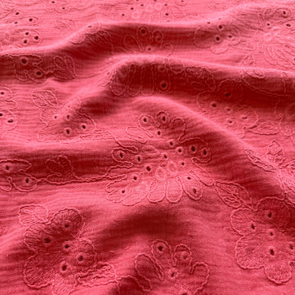 Coralie Embroidered Cotton Double Gauze Fabric in Coral