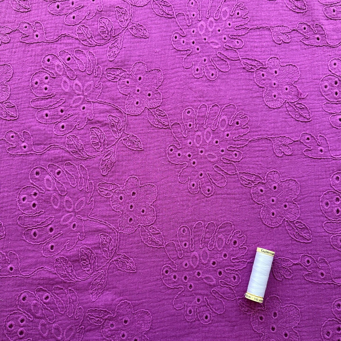 Coralie Embroidered Cotton Double Gauze Fabric in Purple