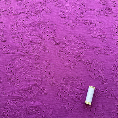 Coralie Embroidered Cotton Double Gauze Fabric in Purple