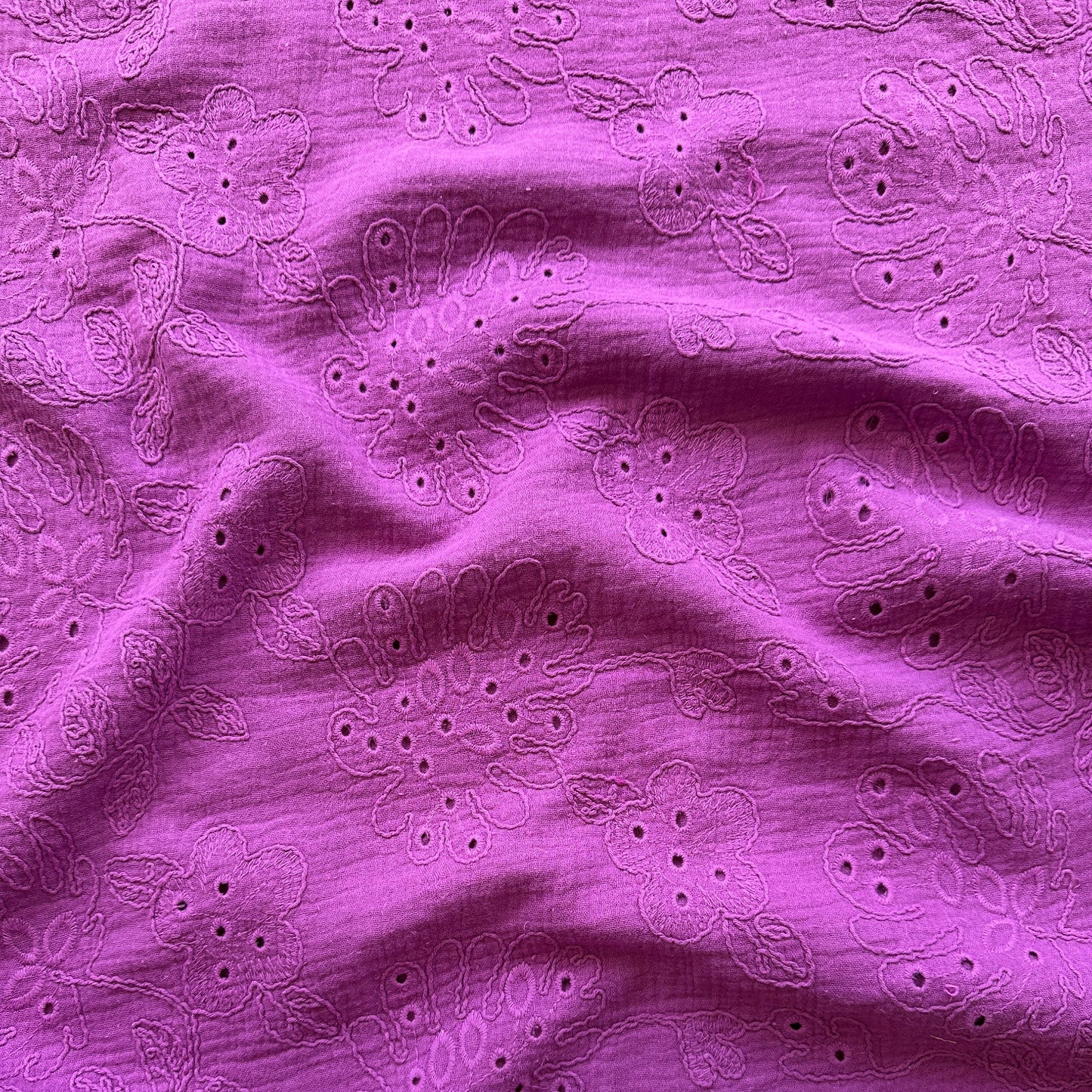 Coralie Embroidered Cotton Double Gauze Fabric in Purple