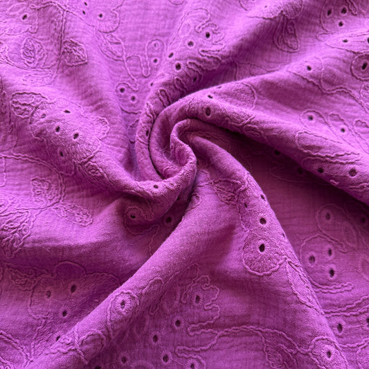Coralie Embroidered Cotton Double Gauze Fabric in Purple
