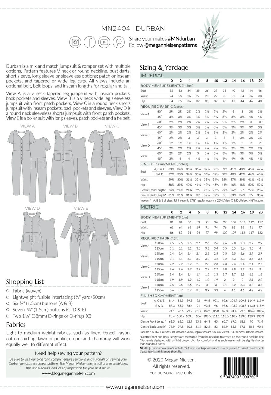 Durban Jumpsuit & Romper Sewing Pattern - Megan Nielsen Patterns