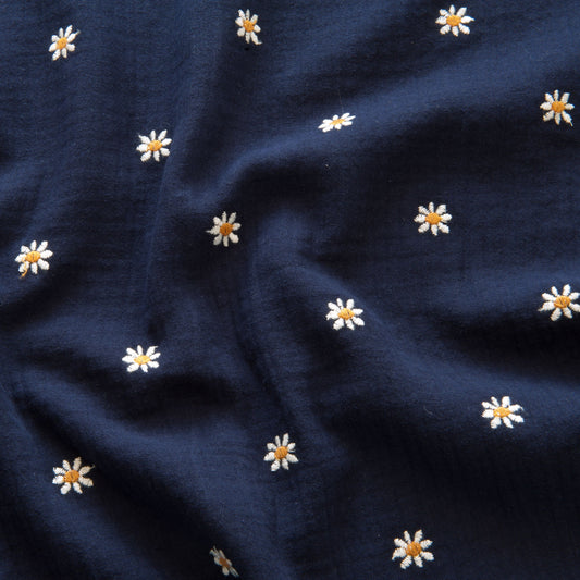 Embroidered Daisies Cotton Double Gauze in Navy - 2.35m piece