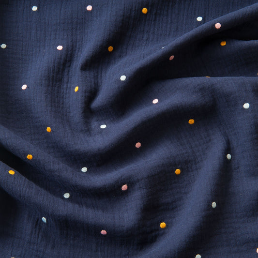 Embroidered Dots Cotton Double Gauze Fabric in Navy - 2.35m piece
