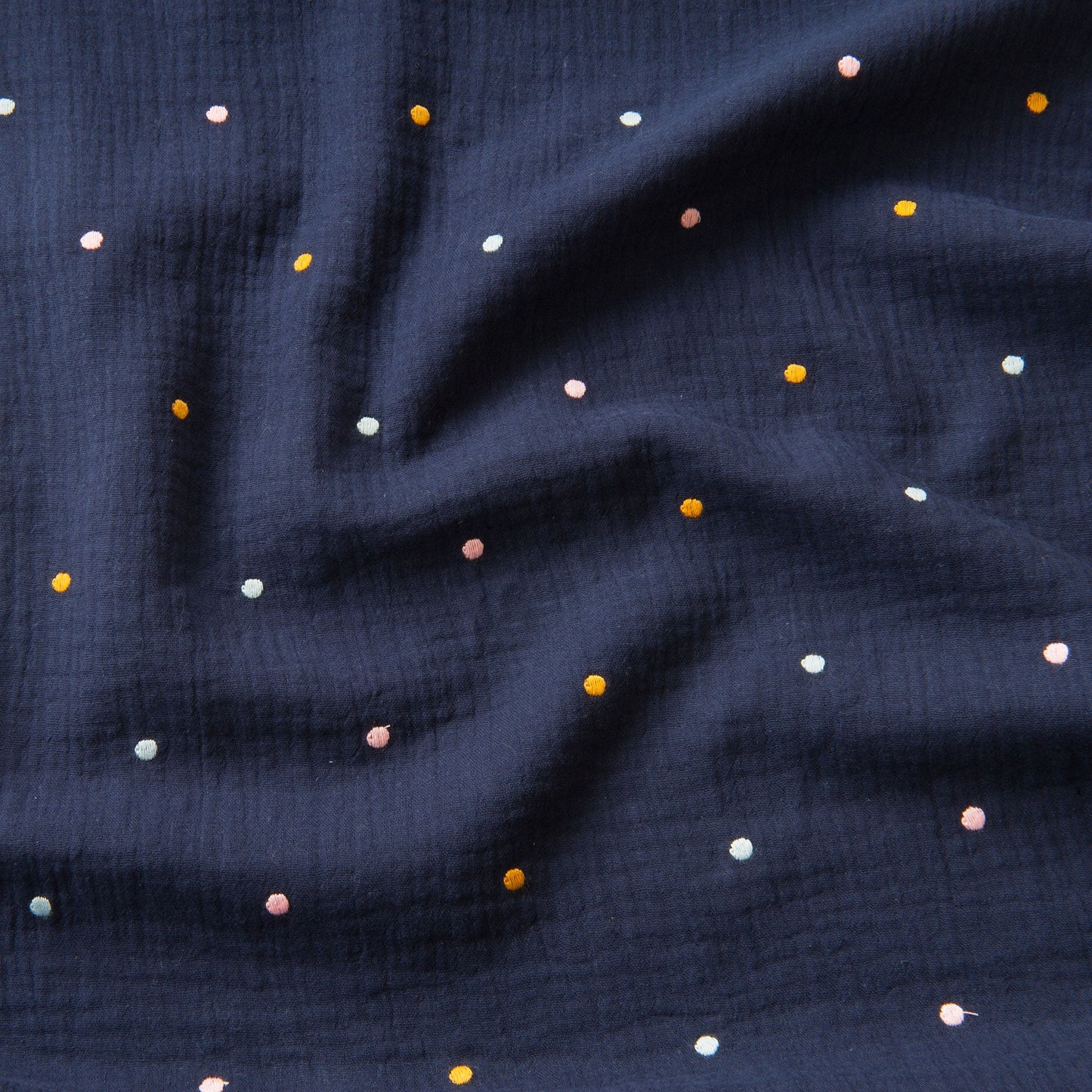 Embroidered Dots Cotton Double Gauze Fabric in Navy - 2.35m piece