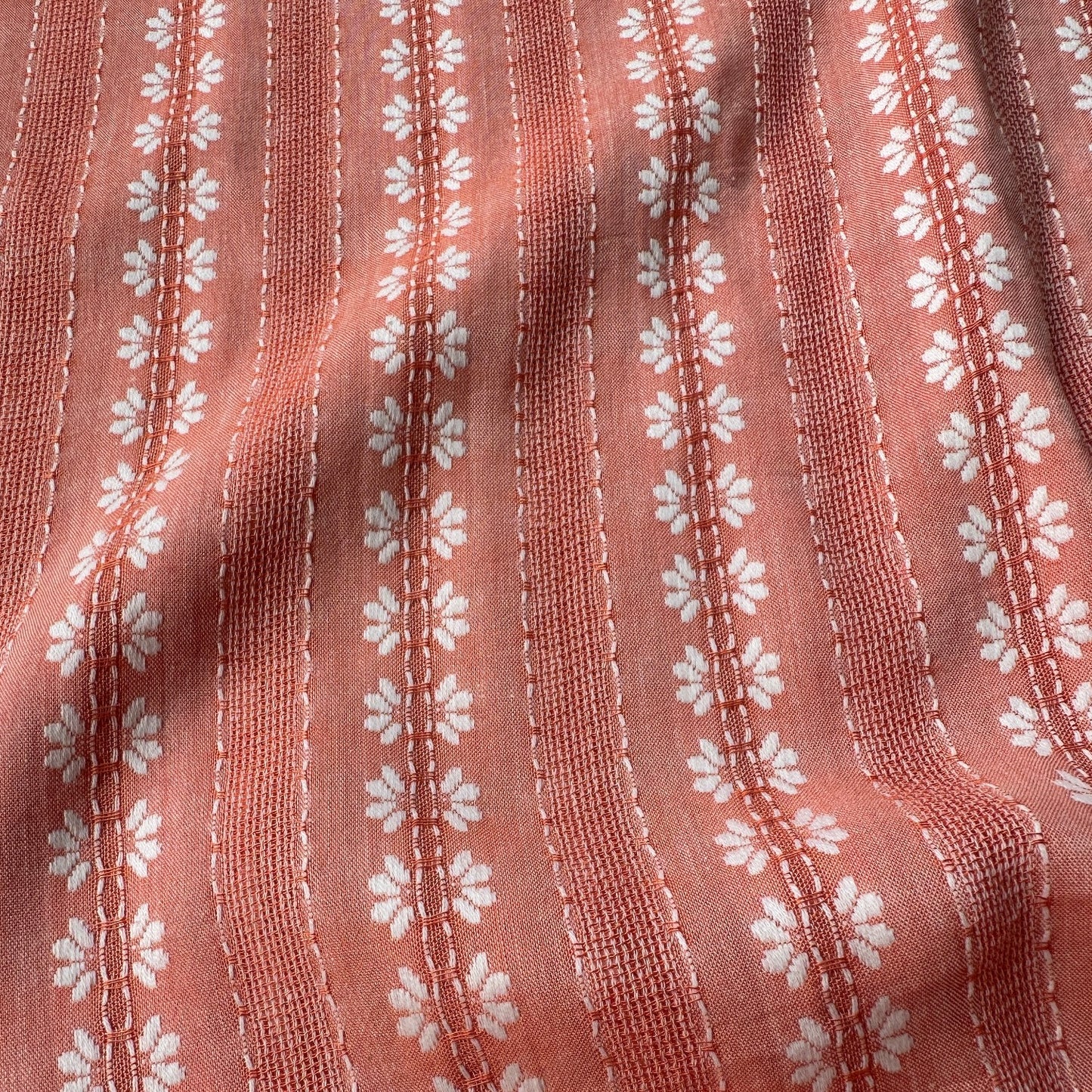 Embroidered Flowers Striped Cotton Rayon Fabric in Coral