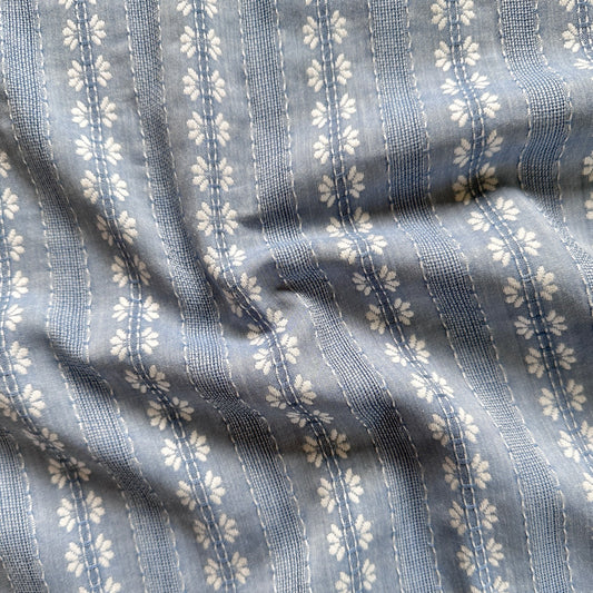 Embroidered Flowers Striped Cotton Rayon Fabric in Light Denim Blue