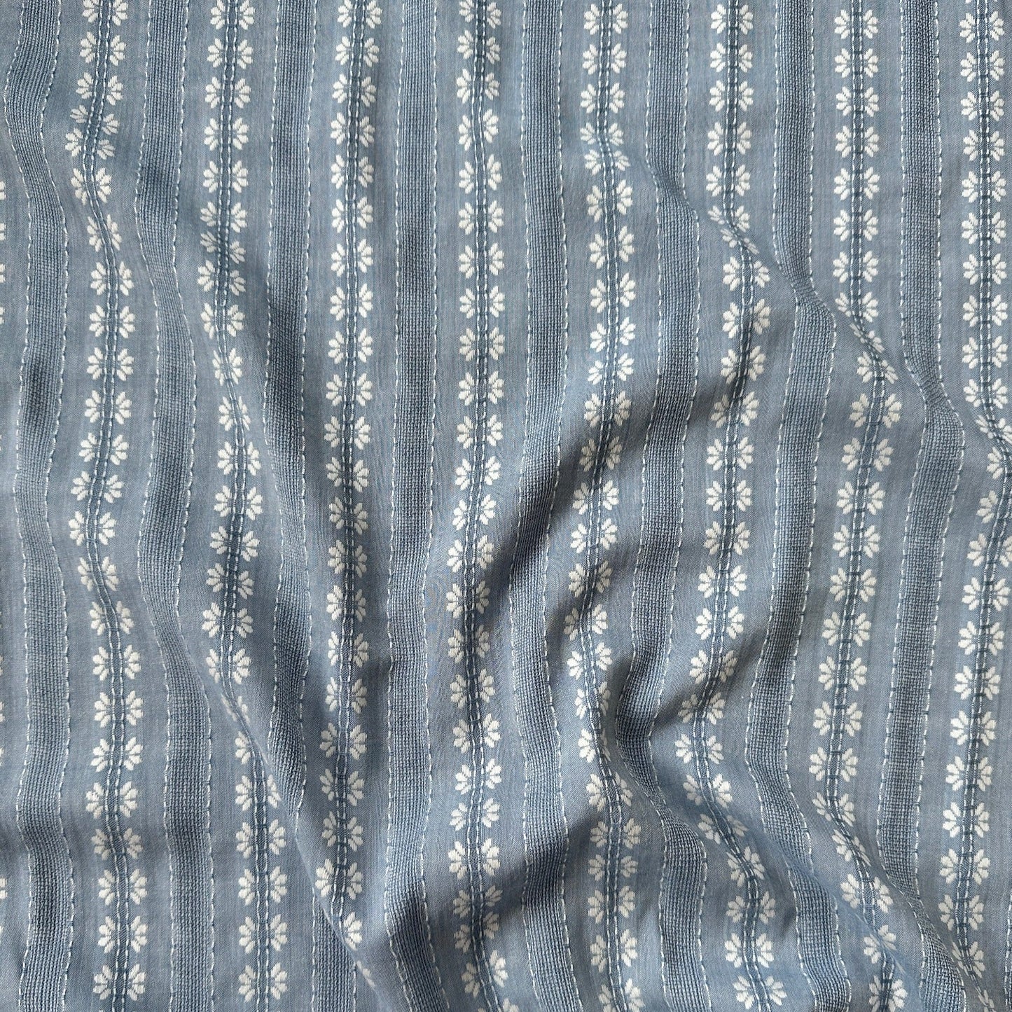 Embroidered Flowers Striped Cotton Rayon Fabric in Light Denim Blue - 1m