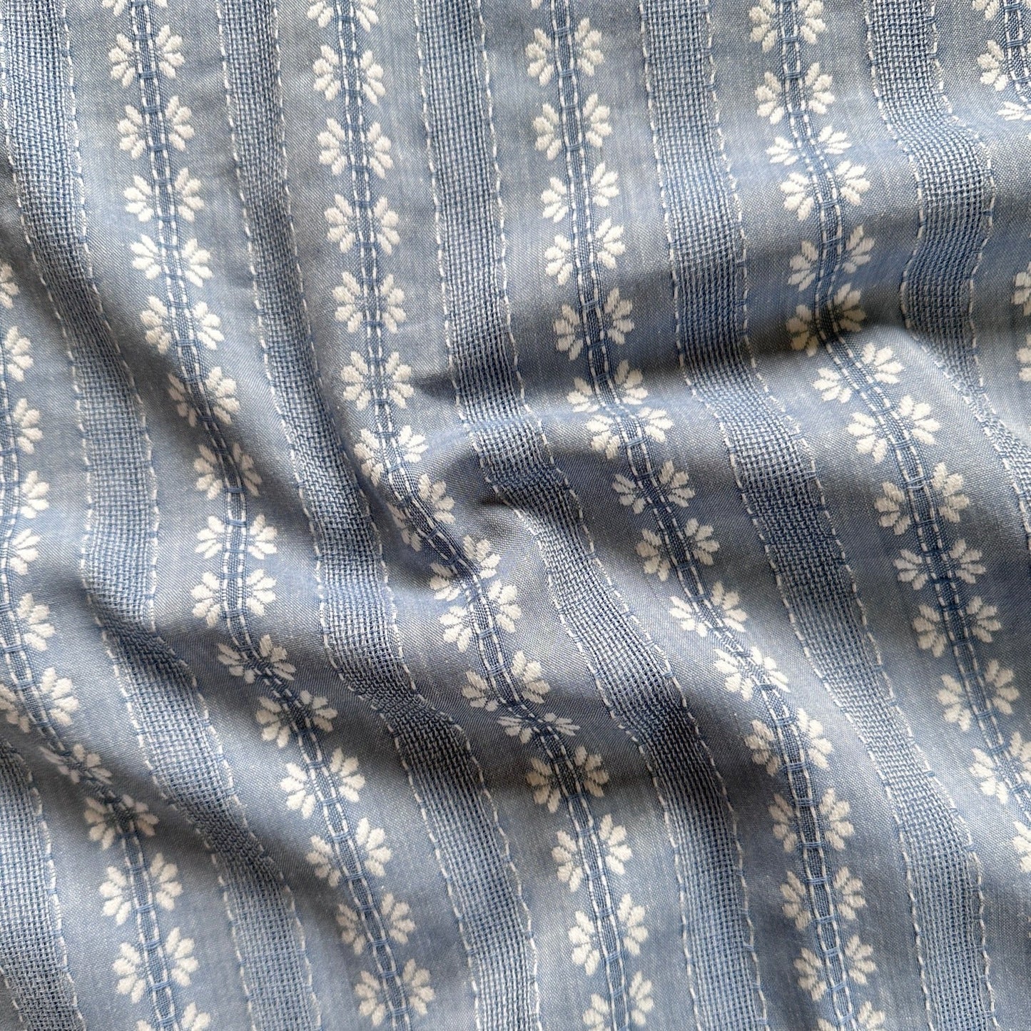 Embroidered Flowers Striped Cotton Rayon Fabric in Light Denim Blue - 1m