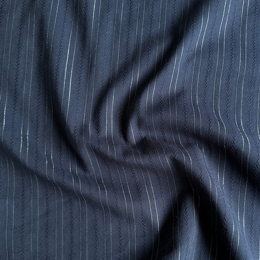 Embroidered Glittery Stripe Cotton Fabric in Navy