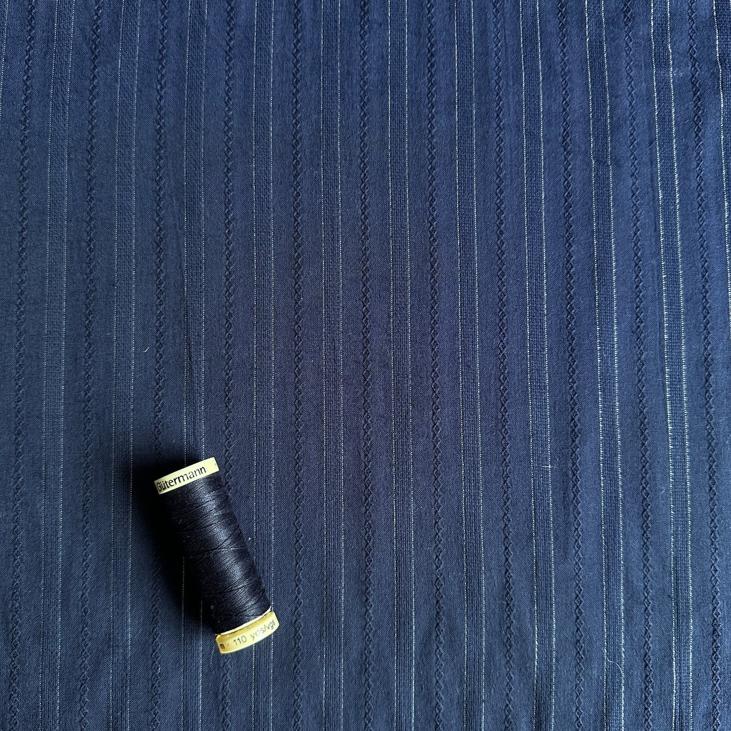 Embroidered Glittery Stripe Cotton Fabric in Navy