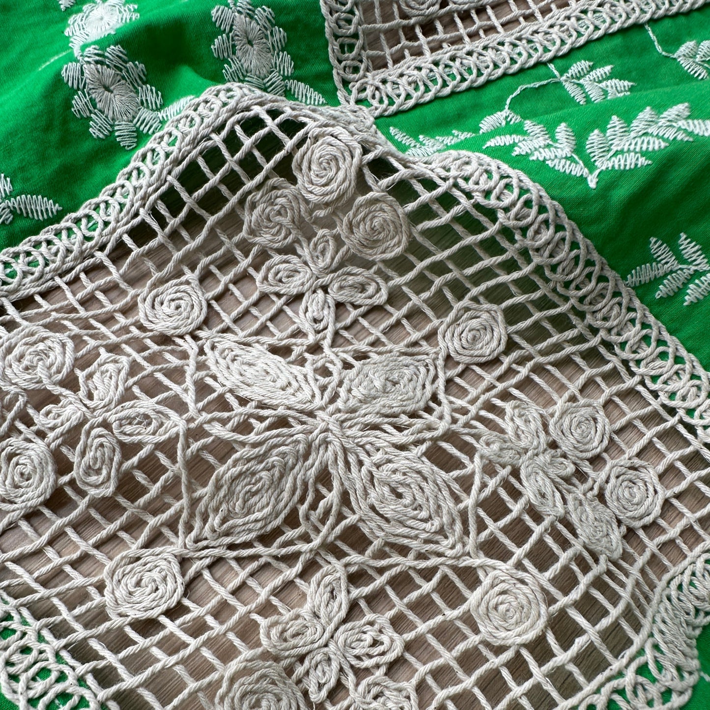 Embroidered Patchwork Cotton Fabric in Apple Green
