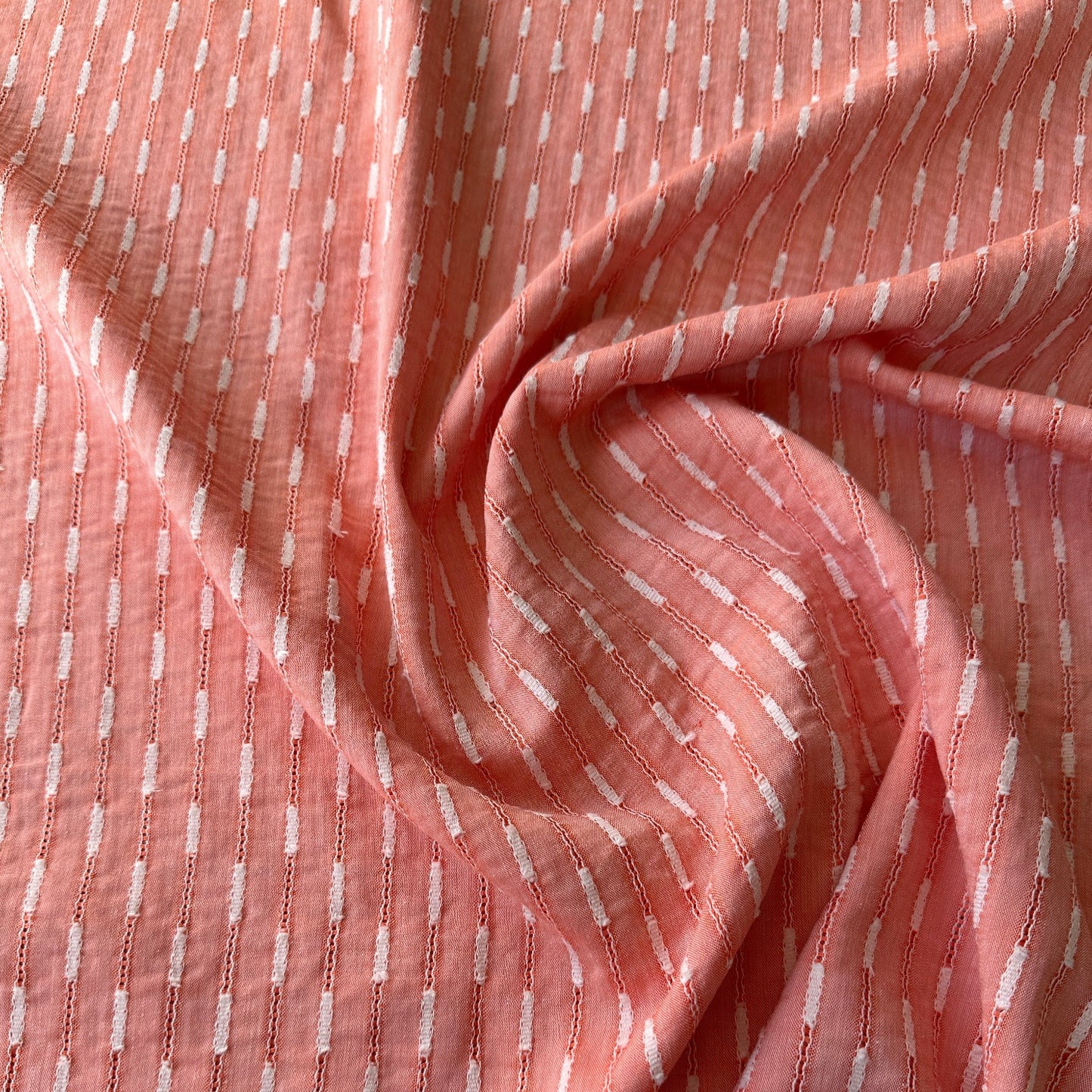 Embroidered Stripe Cotton and Viscose Fabric in Coral