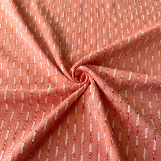 Embroidered Stripe Cotton and Viscose Fabric in Coral