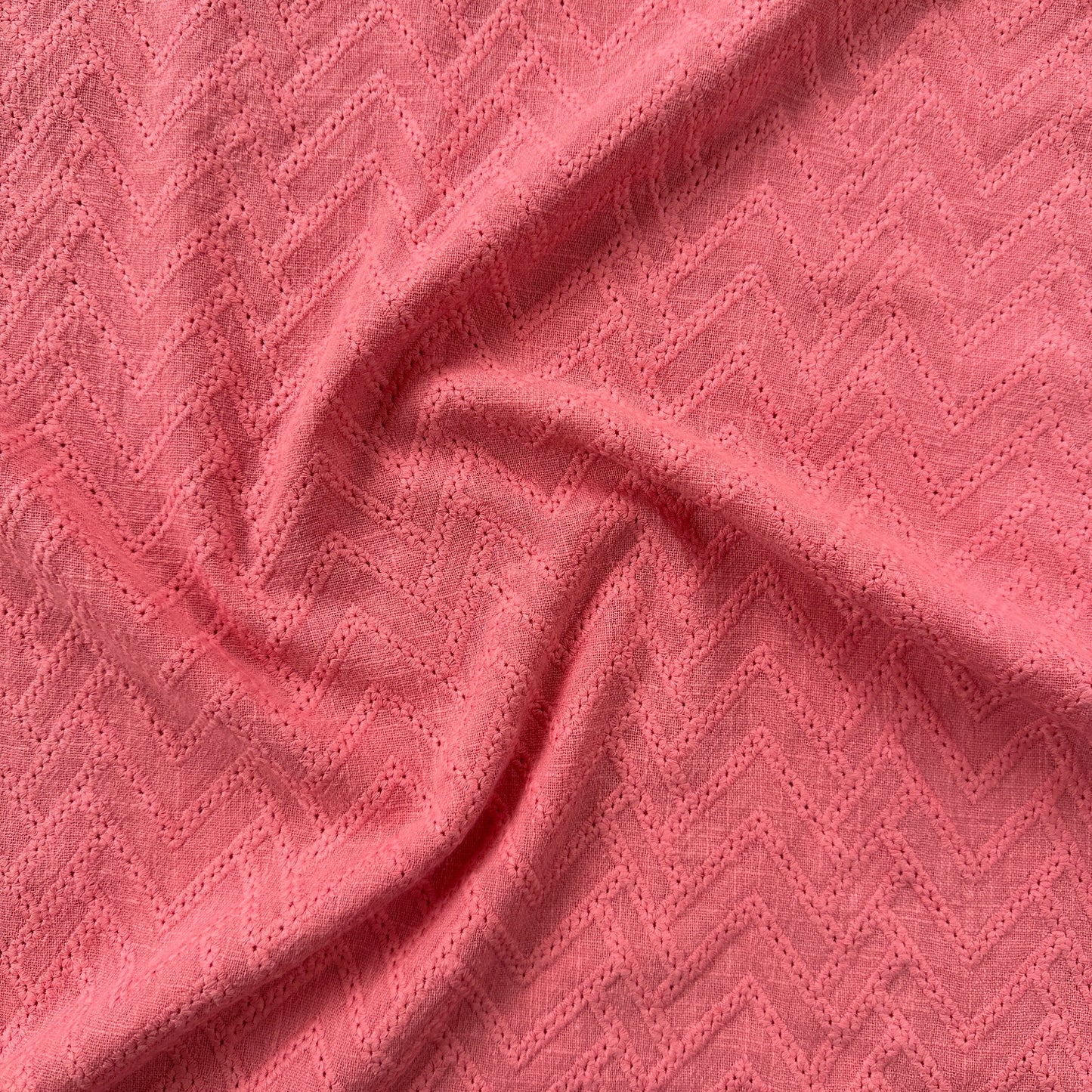 Embroidered Zig Zag Cotton Gauze Fabric in Pink
