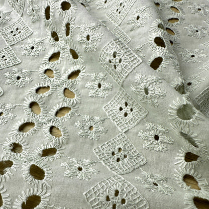 Close up of the embroidery and cut outs on embroidery anglaise fabric