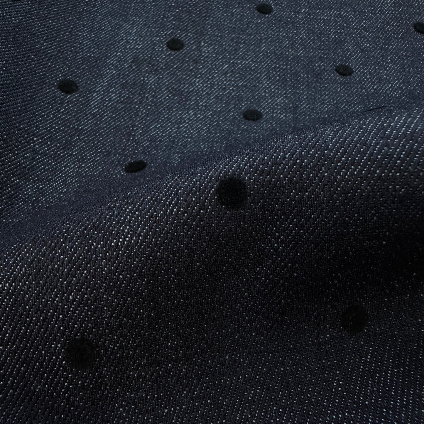 Indigo Stretch Denim Fabric with Flocked Polka Dots