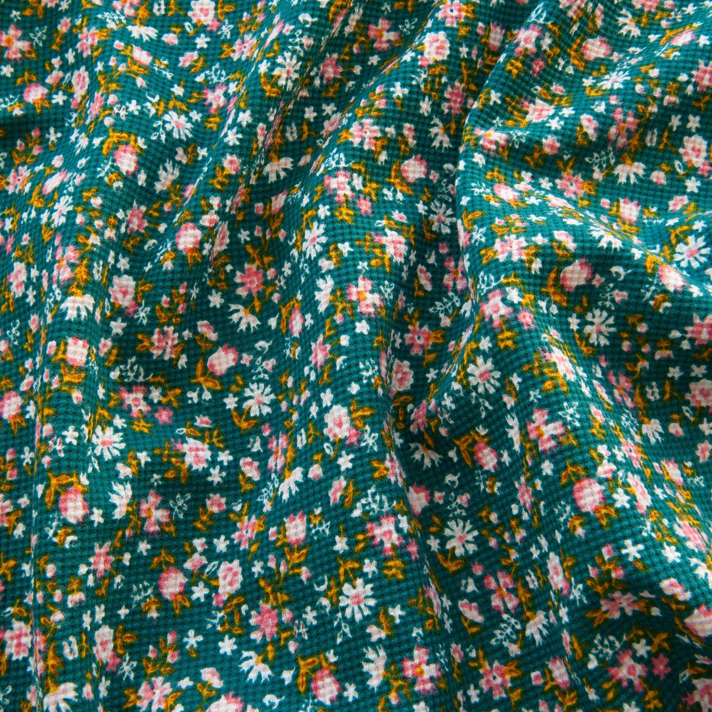 Floral Waffle Cotton Jersey in Teal - 45cm
