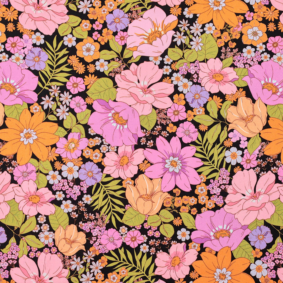 Flowers across viscose linen dressmaking fabric