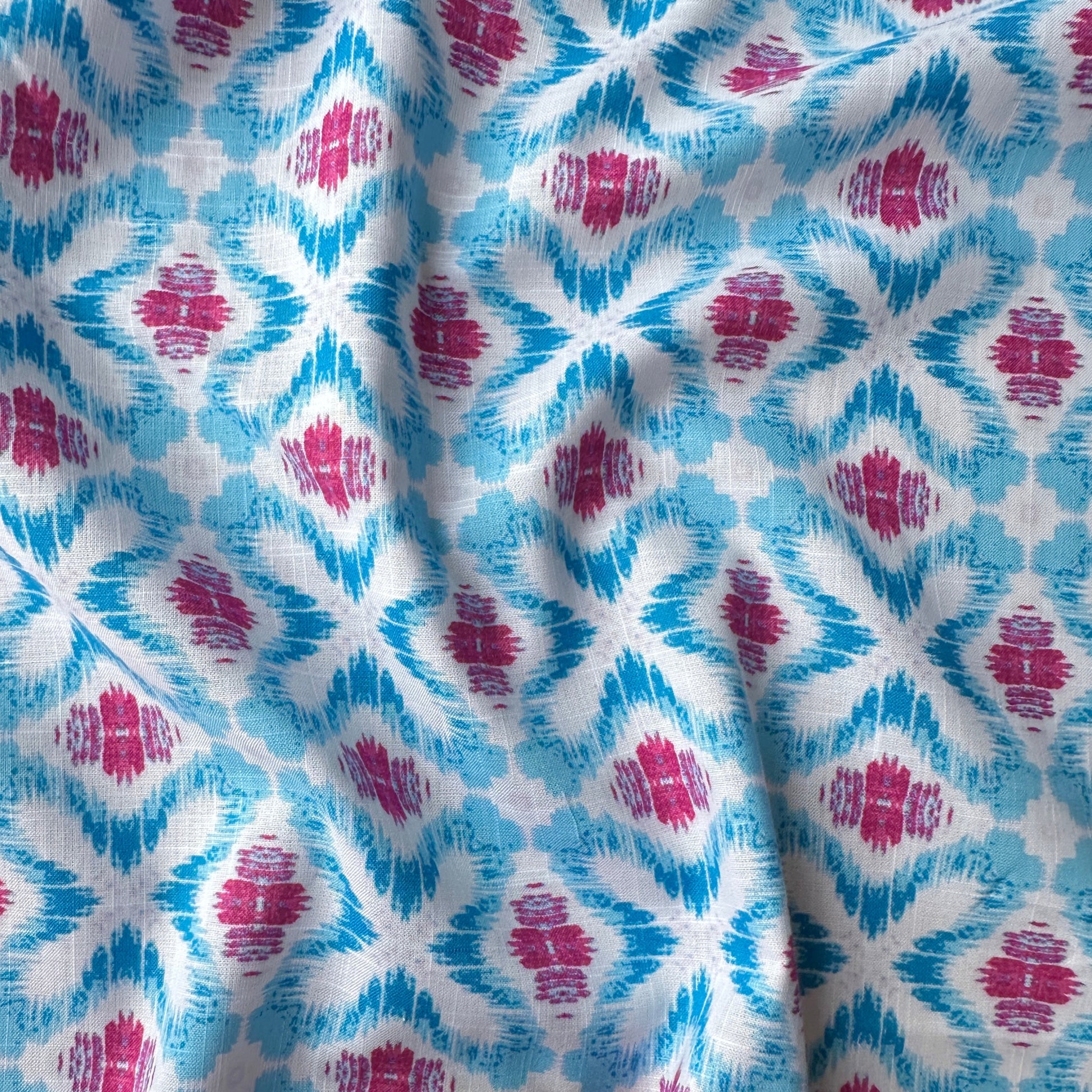 Geometric Ikat Cotton Linen Blend Fabric in Blue, Pink and White 