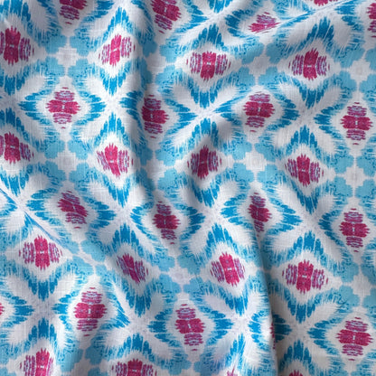 Geometric Ikat Cotton Linen Blend Fabric in Blue, Pink and White 