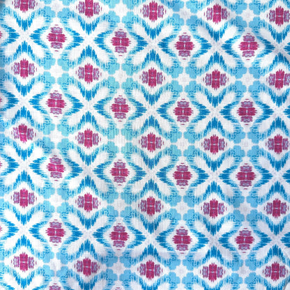 Geometric Ikat Cotton Linen Blend Fabric in Blue, Pink and White showing pattern