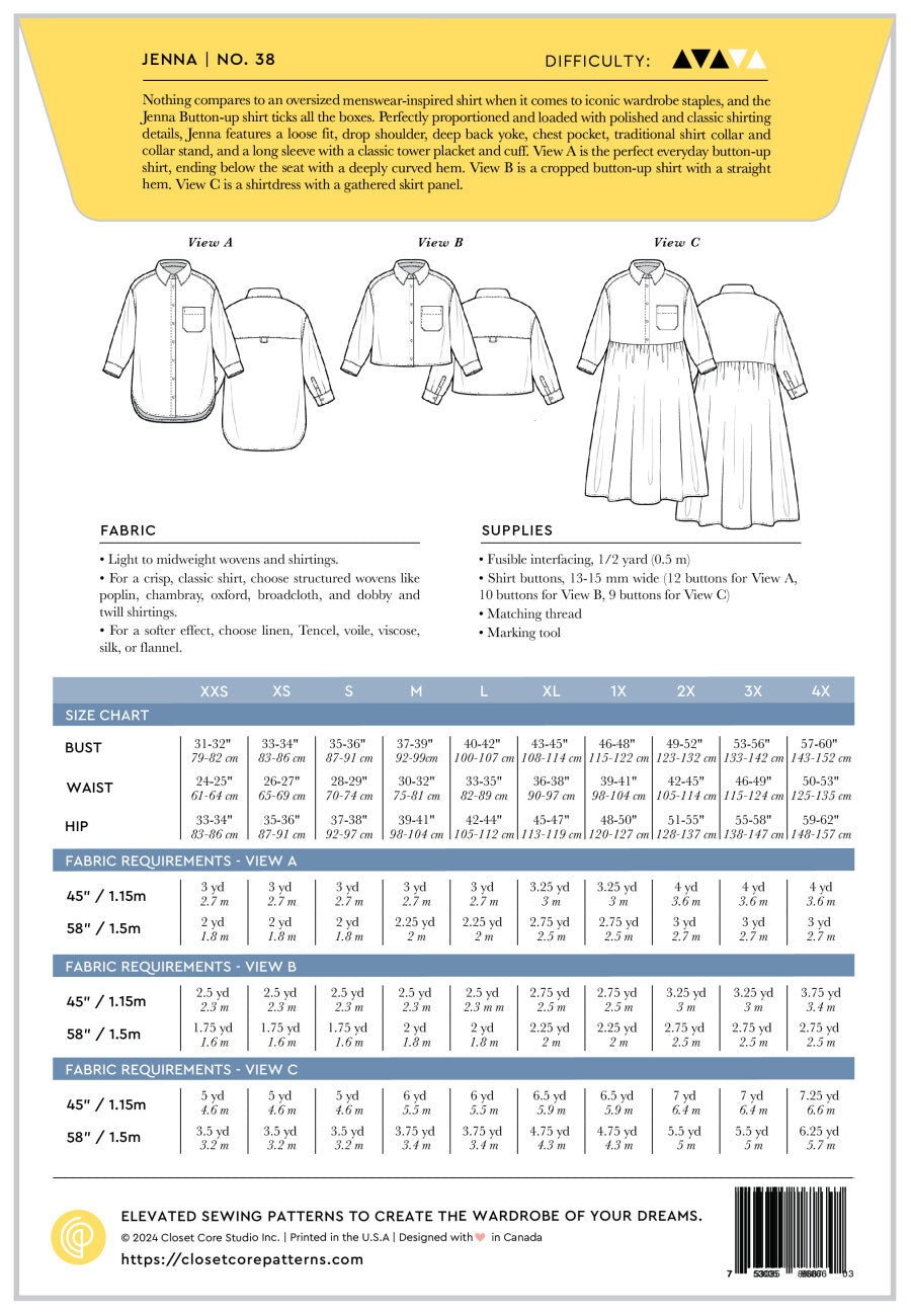 Jenna Shirt & Dress Sewing Pattern by Closet Core Patterns