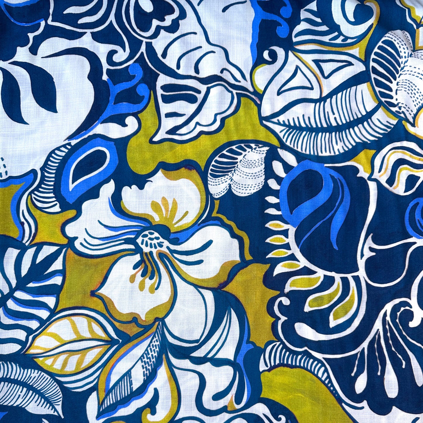 Large Flowers Viscose Fabric in Blue, Off White and Chartreuse