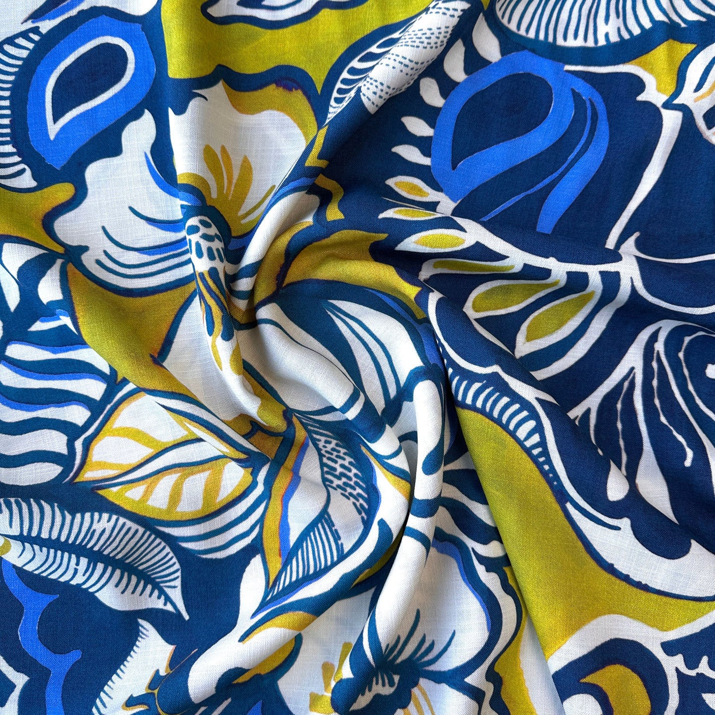 Large Flowers Viscose Fabric in Blue, Off White and Chartreuse