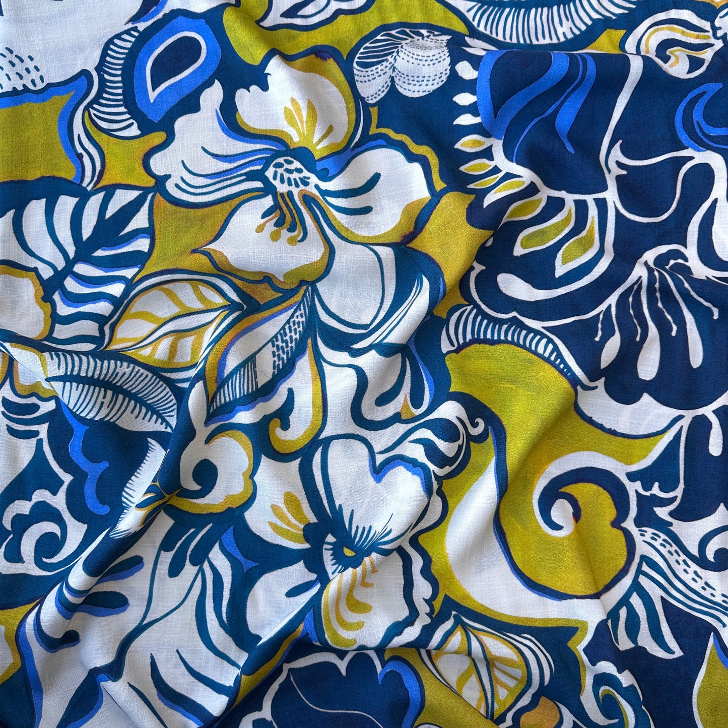 Large Flowers Viscose Fabric in Blue, Off White and Chartreuse