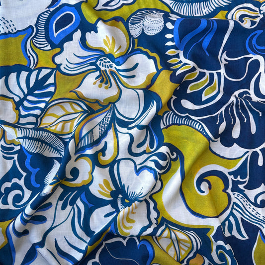 Large Flowers Viscose Fabric in Blue, Off White and Chartreuse