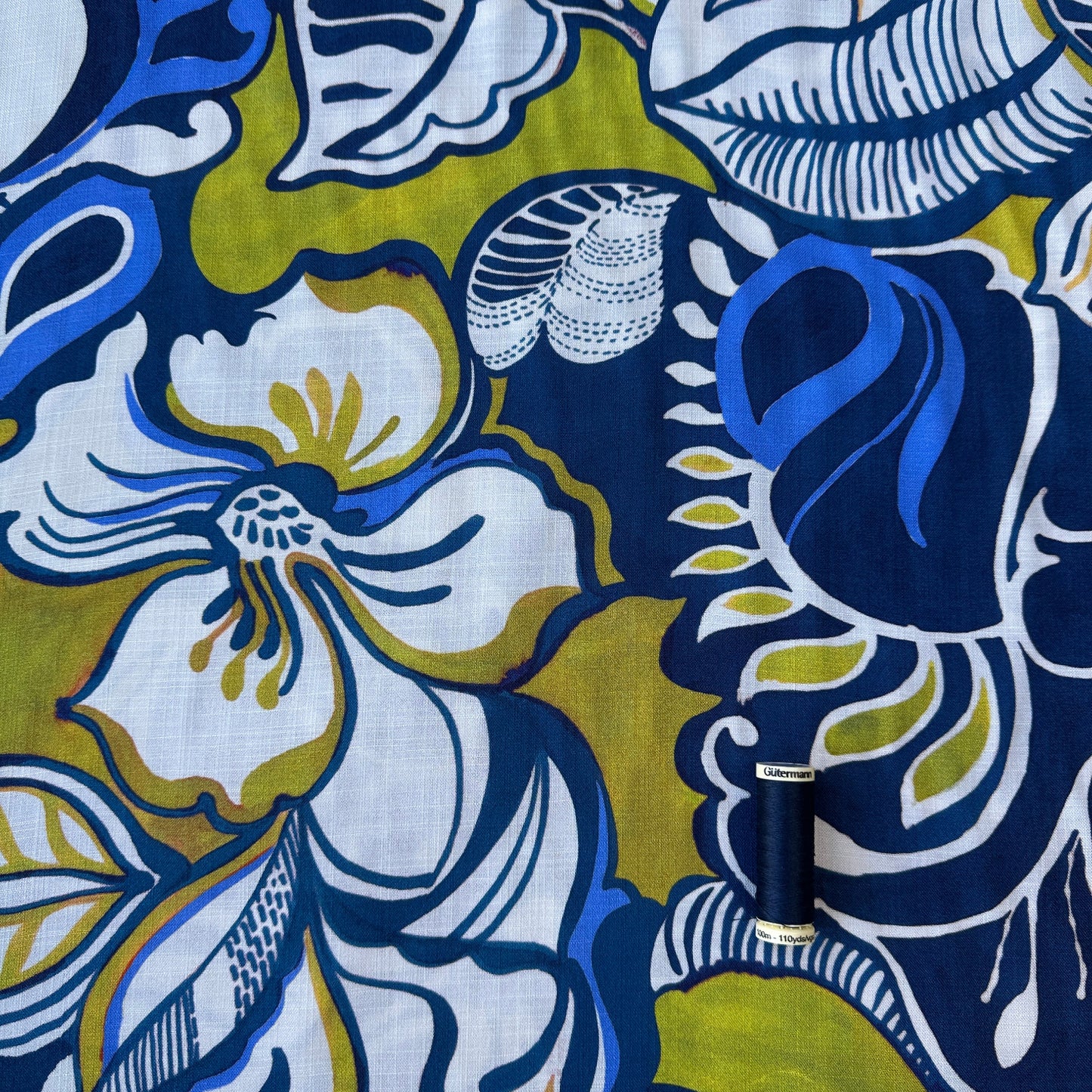 Large Flowers Viscose Fabric in Blue, Off White and Chartreuse