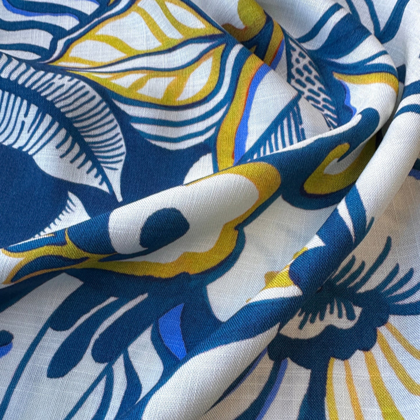 Large Flowers Viscose Fabric in Blue, Off White and Chartreuse