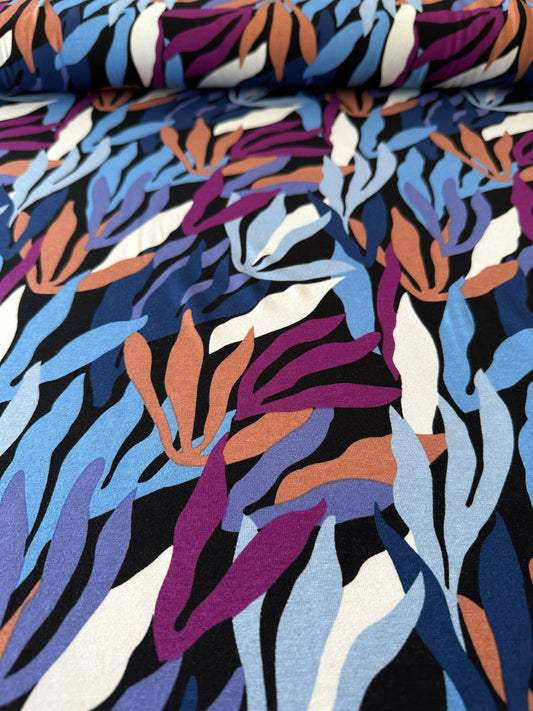 Leaves Viscose Jersey Fabric in Blue