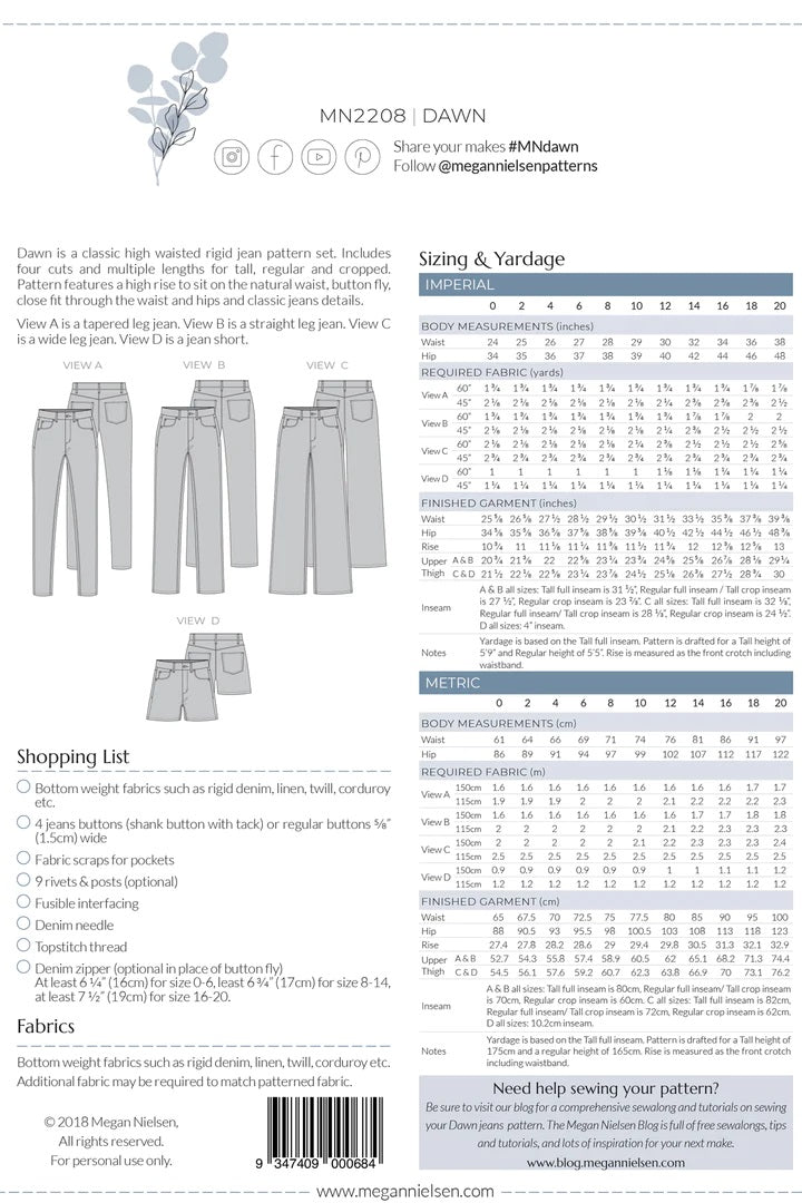 Dawn Jeans Sewing Pattern by Megan Nielsen Patterns