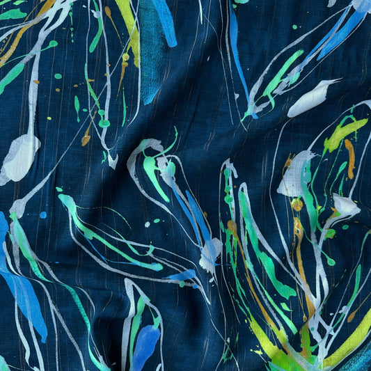 Navy blue fabric with colourful abstract designs