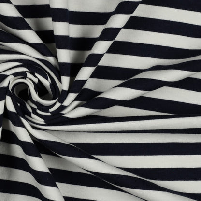 Navy and Off White Stripe Yarn Dyed Cotton French Terry Fabric