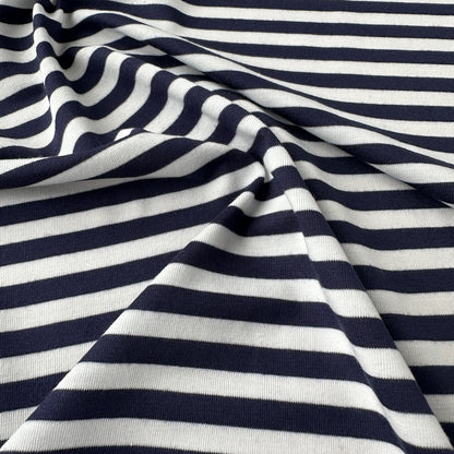 Navy and White Striped Viscose Jersey Fabric