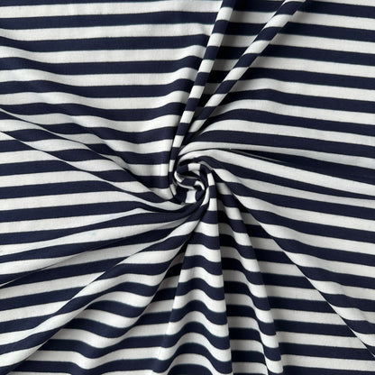 Navy and White Striped Viscose Jersey Fabric