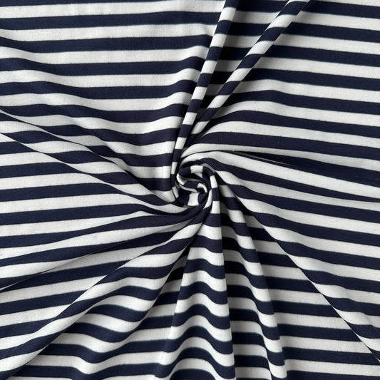 Navy and White Striped Viscose Jersey Fabric