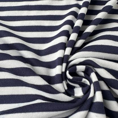 Navy and White Striped Viscose Jersey Fabric