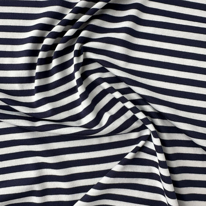 Navy and White Striped Viscose Jersey Fabric