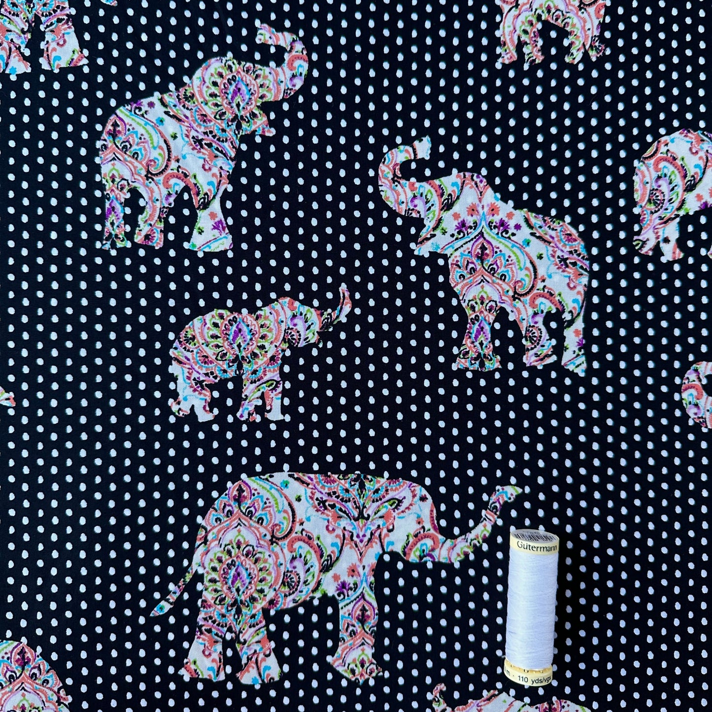 Paisley Elephants on Polka Dot Cotton Poplin Fabric (Ex Designer)