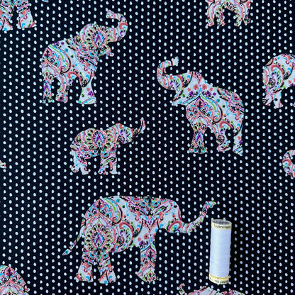 Paisley Elephants on Polka Dot Cotton Poplin Fabric (Ex Designer)