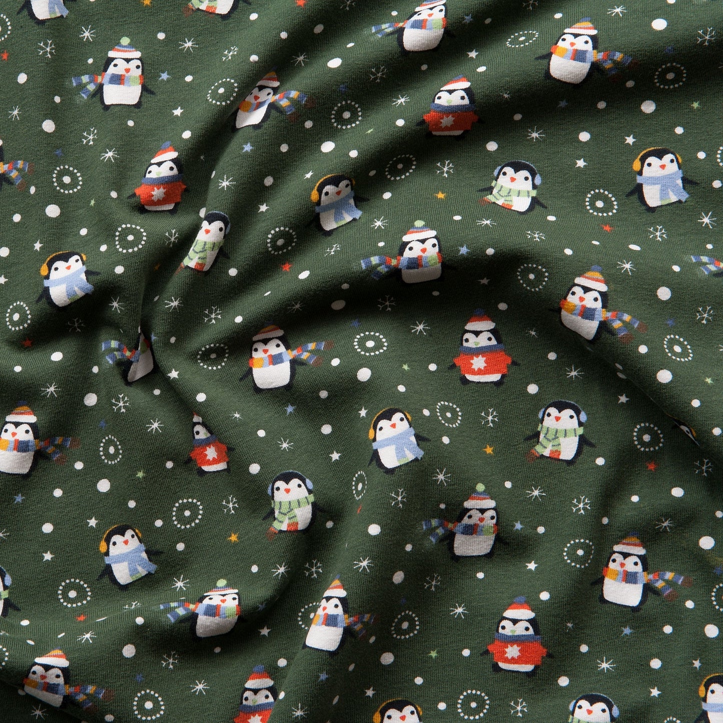 Penguin Christmas Cotton Jersey Fabric in Dark Green - 60cm Piece